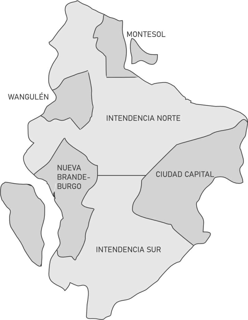 Mapa político del reino, con territorios municipales y las dos intendencias.