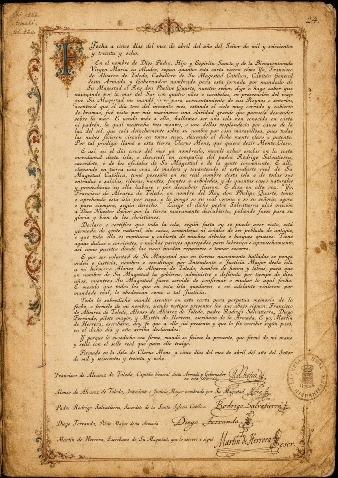 Acta de toma de posesión de la isla de Claramonte (1638). Digitalizada por la Fund. Verdugo y Cerdeña.